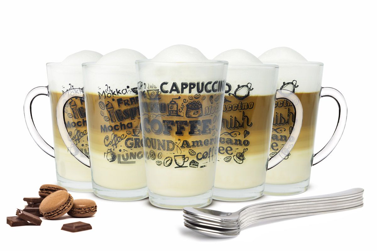 6  Latte Macchiato Gläser 300ml und 6 Edelstahl-Löffeln (gratis) Kaffee-Aufdruck