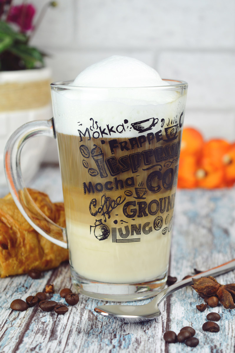 6  Latte Macchiato Gläser 300ml und 6 Edelstahl-Löffeln (gratis) Kaffee-Aufdruck