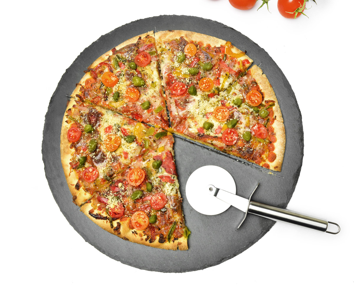 Pizzateller Set ø36cm Schiefer mit Pizzaschneider Pizzaschneidebrett Pizzabrett