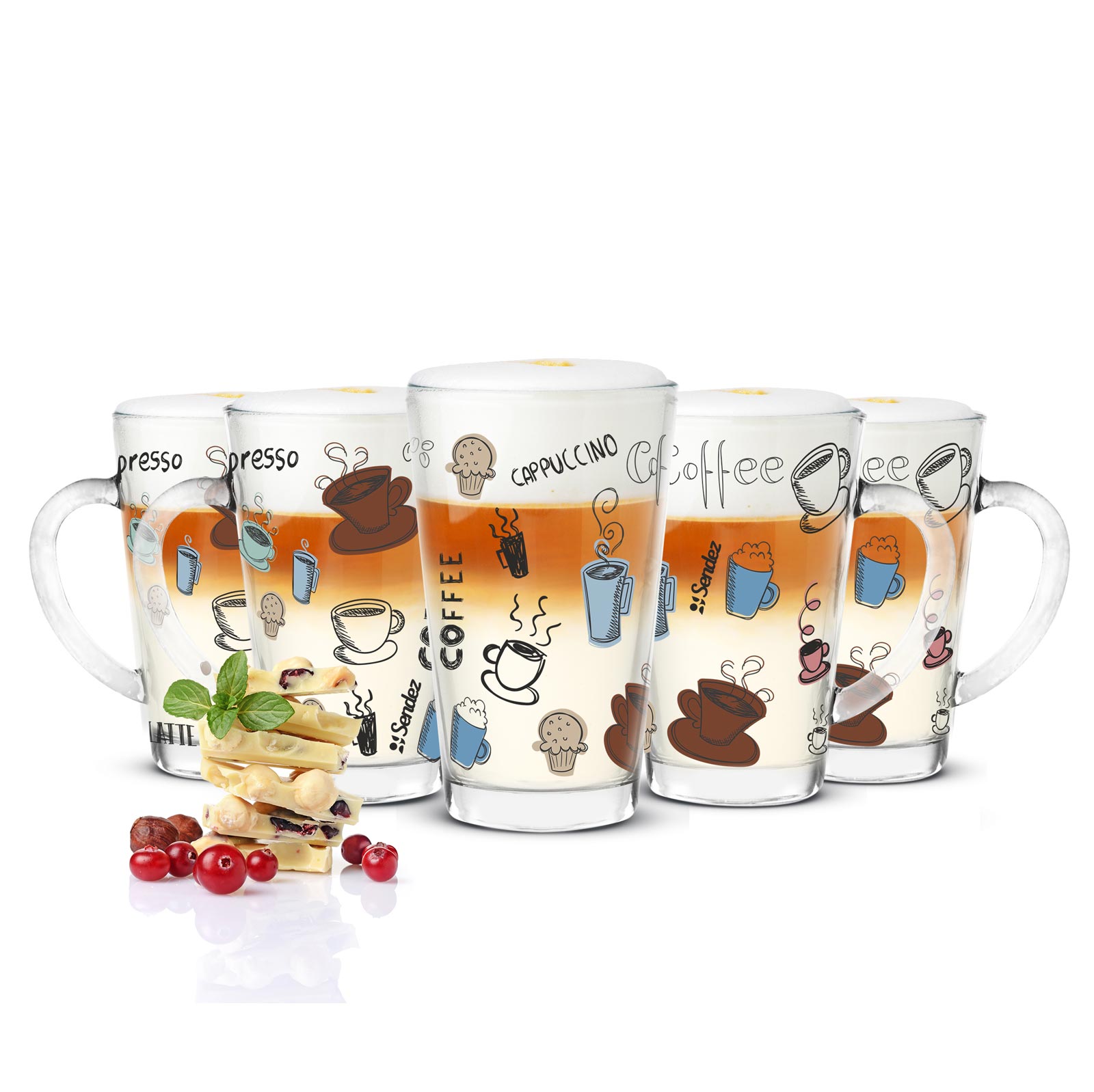 6 Latte Macchiato Gläser 300ml Kaffeegläser Teeglas mit buntem Kaffee-Aufdruck