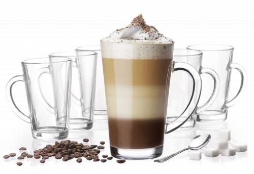 6 Latte Macchiato Gläser 300 ml mit Henkel und 6 Edelstahl-Löffel GRATIS Kaffee