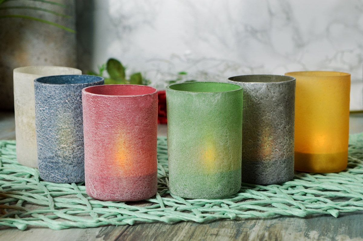 6 bunte Teelichthalter Set aus Glas Kerzenhalter Windlicht Teelicht