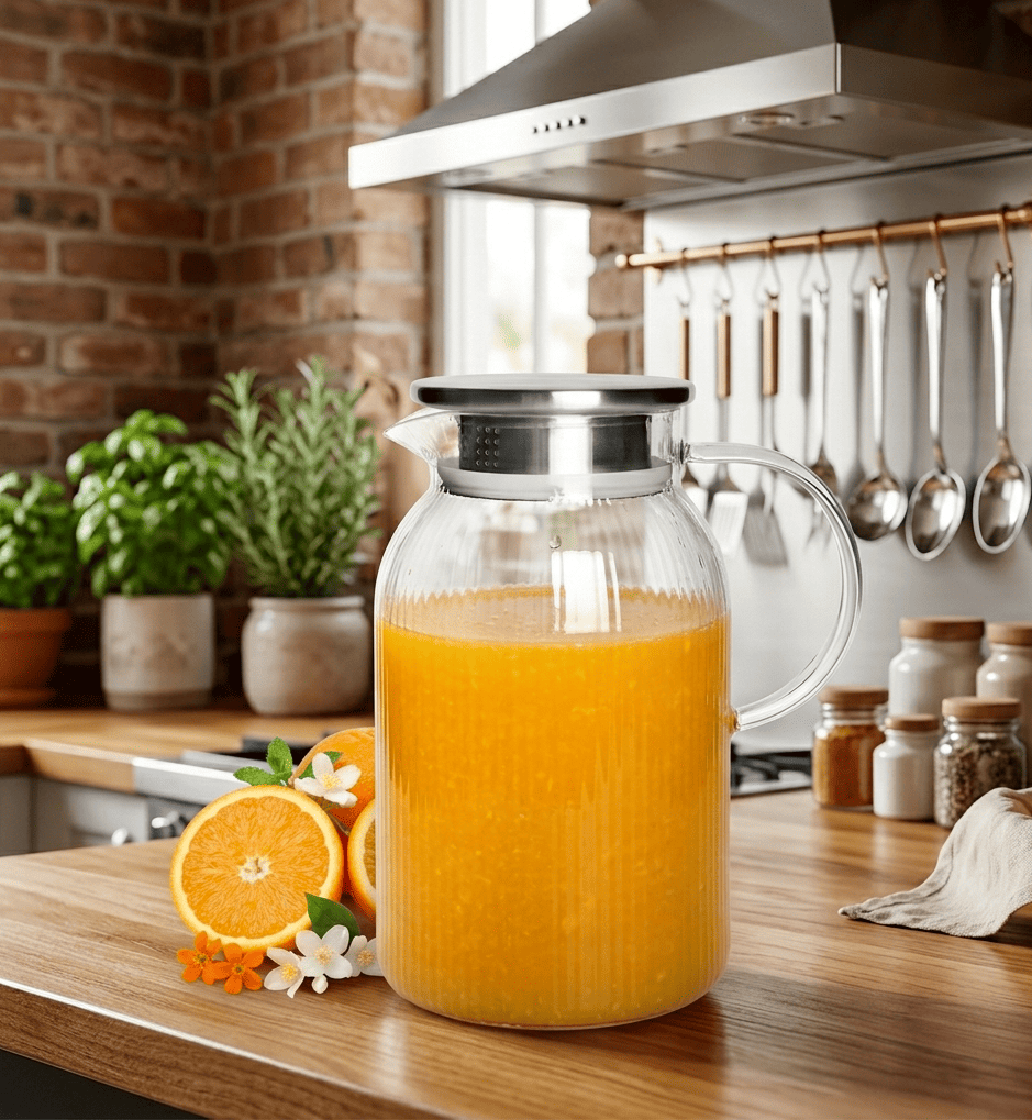 Glaskaraffe 1,1L Borosilikatglas mit Edelstahldeckel Wasserkrug geriffelt