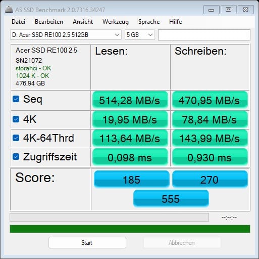 Acer RE100 512GB SSD SATA III Festplatte 560MB/s 520MB/s, 2,5 Zoll, intern