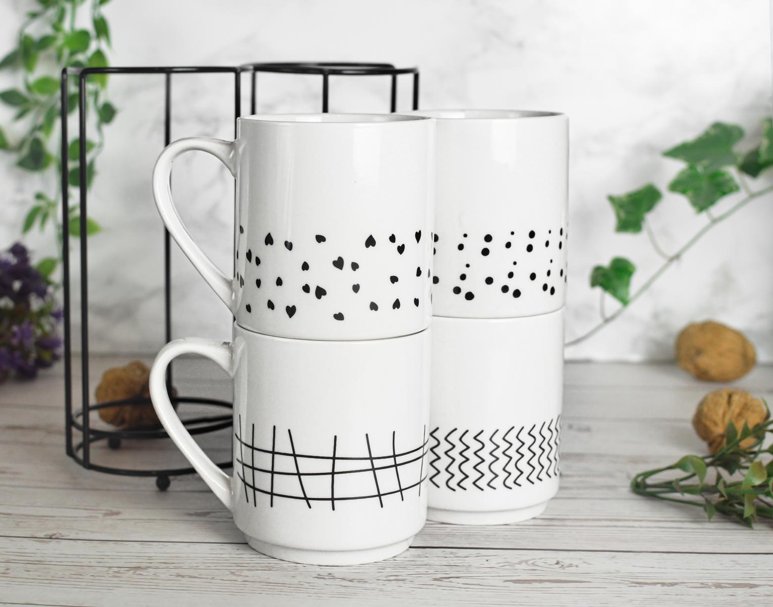 4 Kaffeebecher 300ml aus Porzellan mit Metallständer Kaffeetassen Becher Tasse
